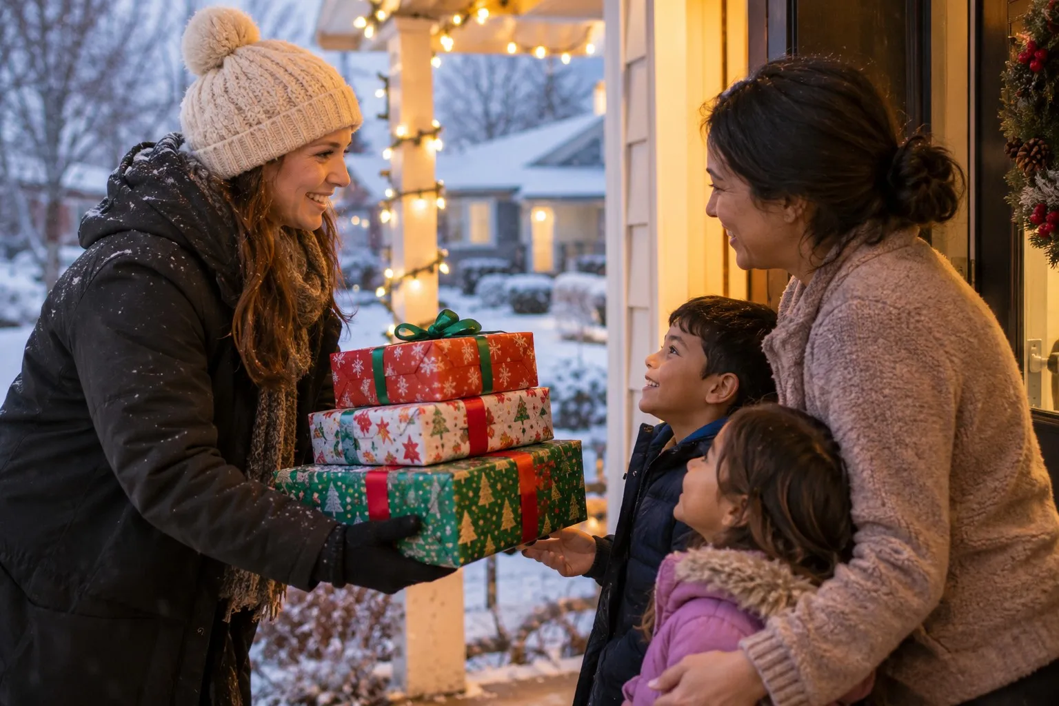A volunteer delivering wrapped holiday gifts to a mother and two children at their front door