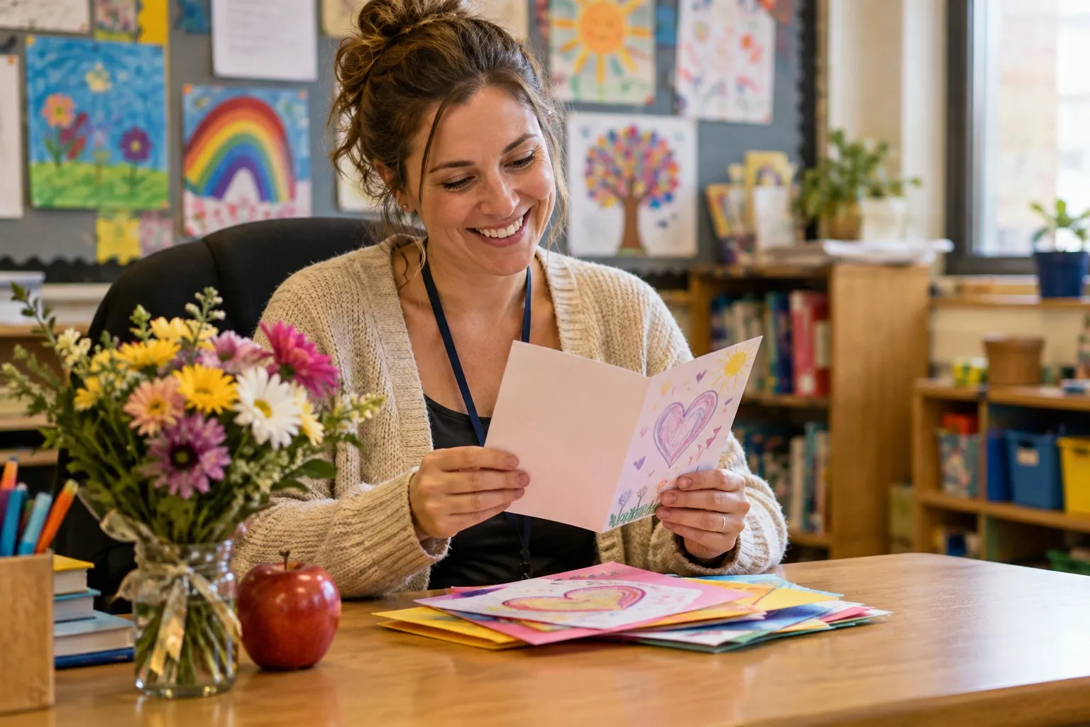 A smiling teacher at her desk reading a handmade thank-you card from her students